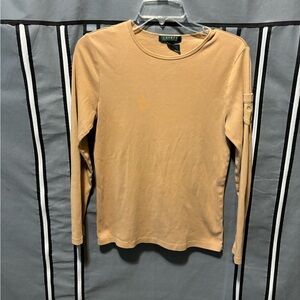 Lauren Ralph Lauren Shirt Womens L Tan Long Sleeve Top with Pocket Insignia